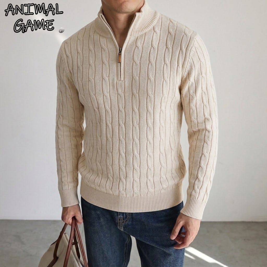 Men'S Fashion Zip Sweater - New Men's Cable Knit Half Zip