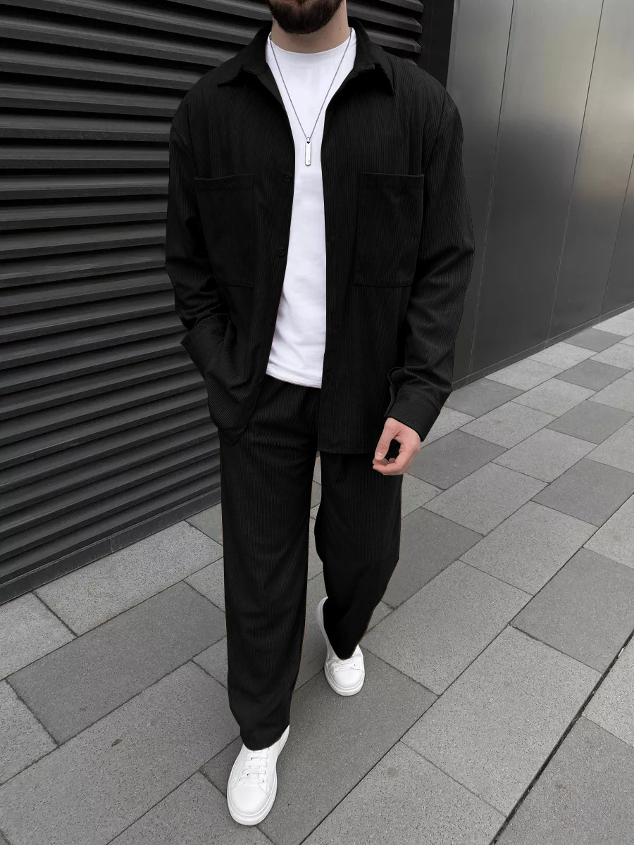 Mens Fashion Trend - Men's Corduroy Two-Piece Outfit: Long-Sleeved Button-Down