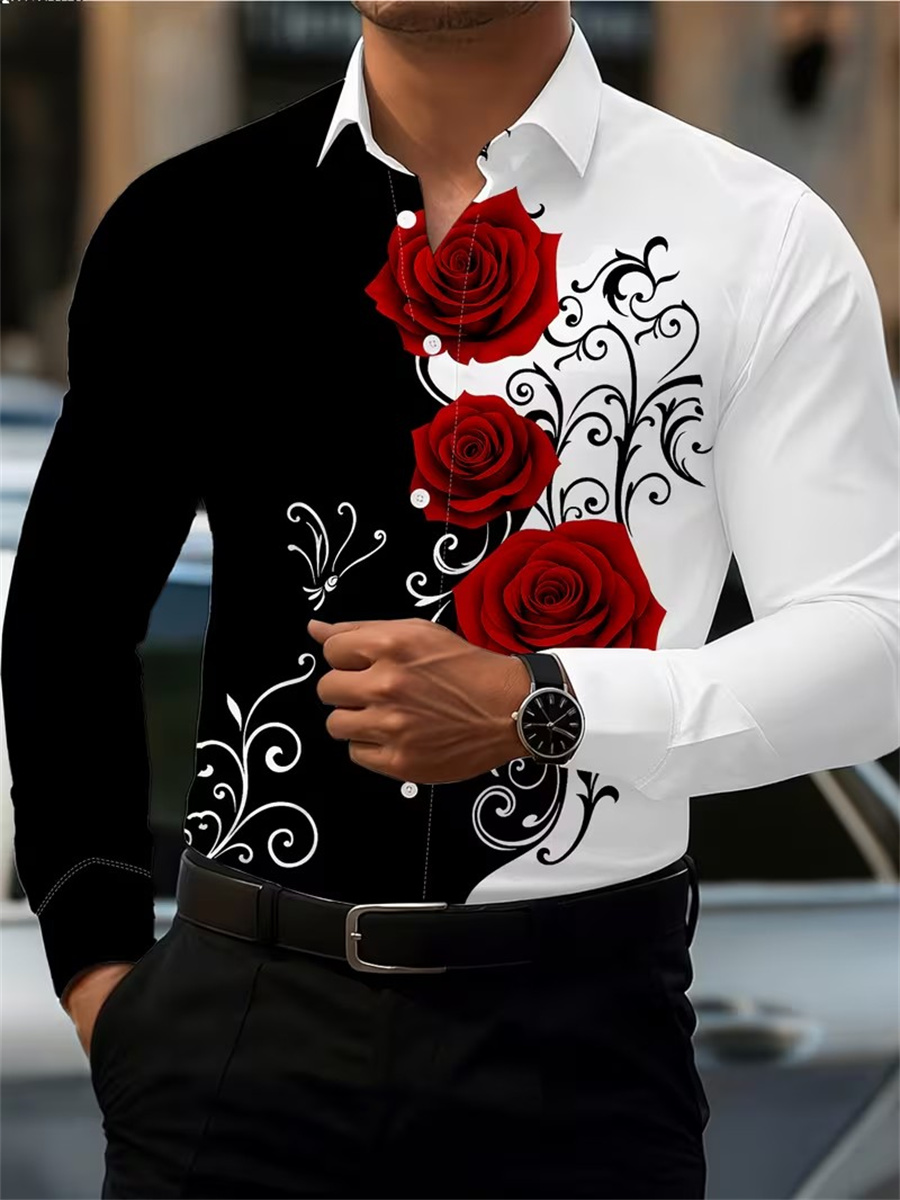Men's Red Rose Print Long-Slee - Mens Fashion Trend review and price