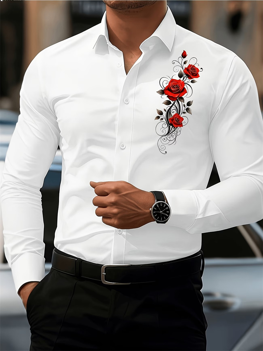 Men's Red Rose Print Long-Slee - Mens Fashion Trend review and price