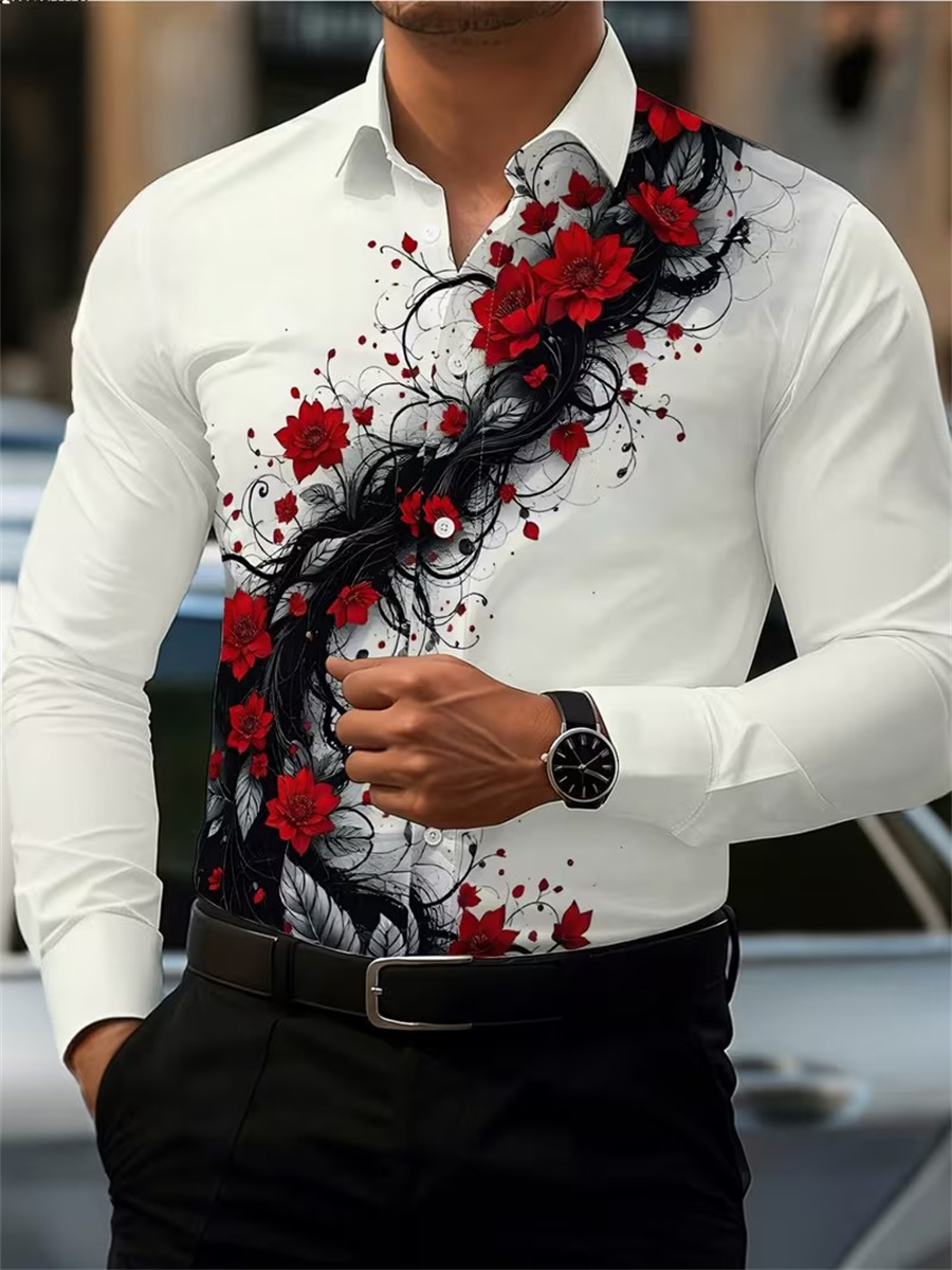 Men's Red Rose Print Long-Slee - Mens Fashion Trend review and price